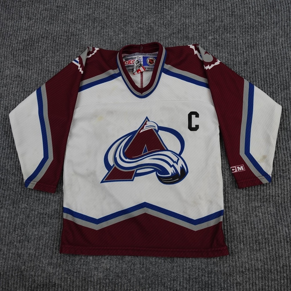 Vintage Colorado Avalanche Jersey Boys One Size White NHL Hockey Sakic 19 CCM